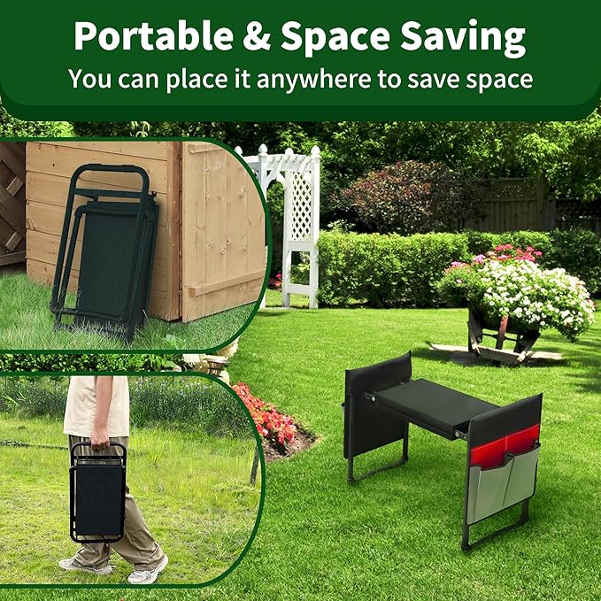 Folding Garden Stool and Kneeler 2-in-1 Garden Kneeler and Seat Heavy Duty Garden Bench for Kneeling and Sitting 2 Tool Pouch for Fishing Camping Great Gardening Gifts for Seniors(Red)