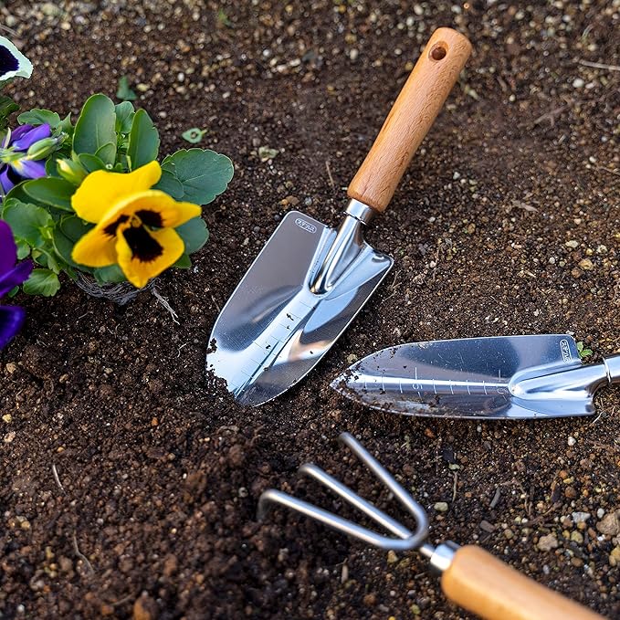Japanese Garden Tool Set 3 Pcs, Heavy Duty Japanese Stainless Steel, Made in Japan (Large Trowel, Transplant Trowel, Hand Cultivator), Wood Handle