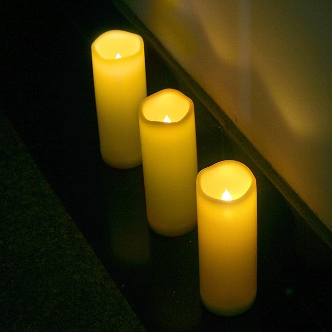 CANDLE CHOICE Waterproof Outdoor Battery Operated Flameless Candles Remote Timer White Tall Plastic Fake Realistic Flickering Electric LED Pillars for Lantern Wedding Christmas Decorations 3”x8” 3PCS