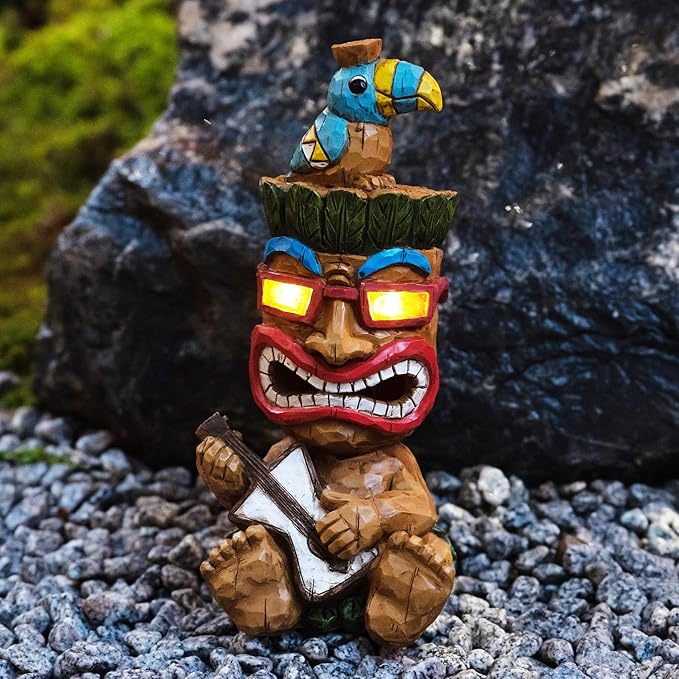Solar Tiki Statue Decor-Outdoor Statues-Funny Guitar - Tiki Bird Tiki Bar Decorations 11.69 inch Tall for Outdoor Patio, Balcony, Yard, Backyard,Lawn,Tiki Gifts
