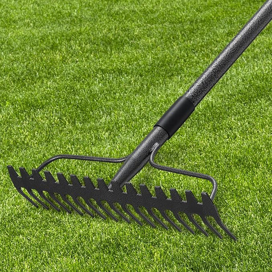 49'' Bow Rake ，17 Tines Metal Head Rake with Stainless Steel Handle，Heavy Duty Garden Rake for Loosening Soil Gathering Leaf Leveling Lawn Farming Land Management Yarn Thatch Rake