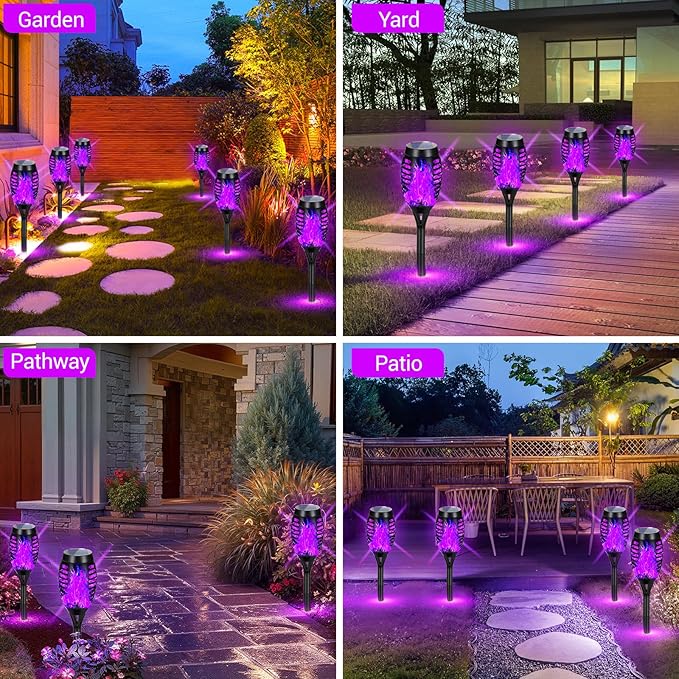 8 Pack Solar Torch Lights Outdoor Waterproof - Purple Flickering Flame, Outdoor Solar Garden Lights for Yard, Tiki Torches for Outside Patio Pathway Decorations