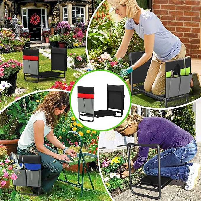 Folding Garden Stool and Kneeler 2-in-1 Garden Kneeler and Seat Heavy Duty Garden Bench for Kneeling and Sitting 2 Tool Pouch for Fishing Camping Great Gardening Gifts for Seniors(Red)