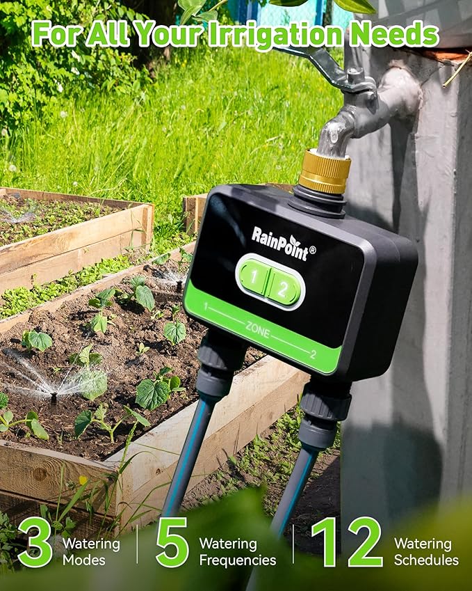 RainPoint WiFi Water Timer for Garden Hose with Brass Inlet, 2-Zone Smart Hose Timer, Sprinkler Timer WiFi Irrigation Controller, Automatic Watering System for Lawns and Yard