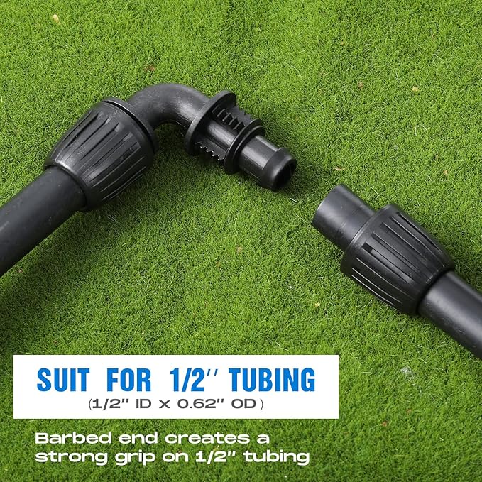 Frienda 40 Pcs 1/2 inch Irrigation Fittings Elbow Connectors Tubing (1/2" IDx0.6-0.63" OD) 16mm Drip Tubing Barbed Drip Parts Locked Elbow Connectors for Hose, Blue and Black