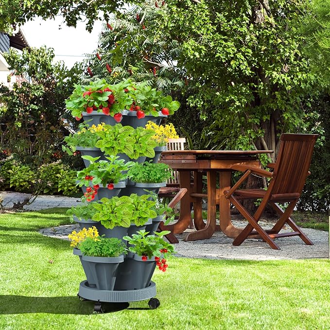 7 Tiered Strawberry Vertical Planters Tower Garden 2 Pack, Stacking Herb Vegetable Planter with Support Pole Indoor and Outdoor - Dark Grey