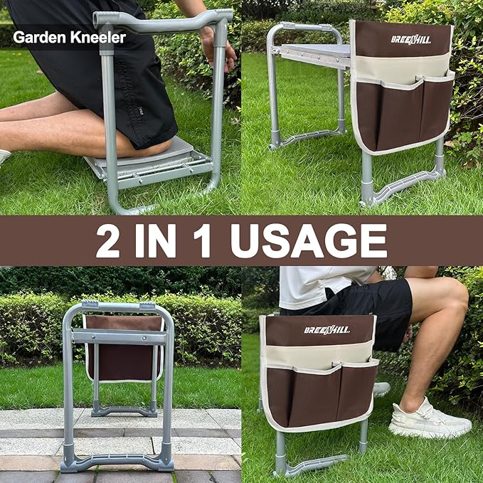 【New Upgraded】 Garden Kneeler and Seat,Foldable Garden Stool,Portable Garden Bench for Kneeling and Sitting,with Kneeling Pad,Tool Bag,Tool Pouch, Gardening Gifts for Women,Seniors,Parents