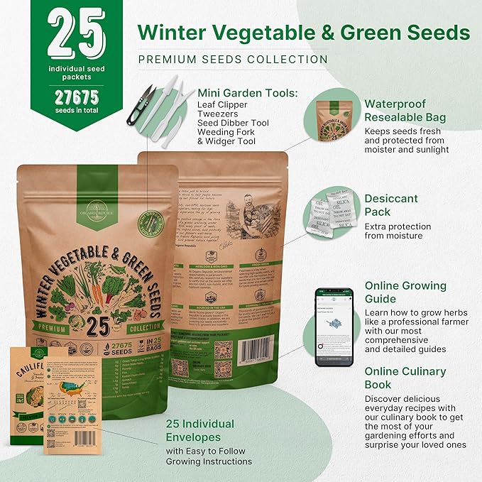 Organo Republic 25 Winter Vegetable Garden Seeds Variety Pack for Outdoors & Indoor Home Gardening 6500+ Non-GMO Heirloom Seeds: Broccoli Beet Carrot Collard Lettuce Radish Spinach Pea Kohlrabi