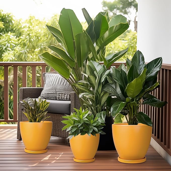 6 Inch Plant Pot - Ceramic Planter with Drainage Hole and Saucer, Modern Round Flower Pot, Planters for Indoor Plants, Home Garden Decor, Orange