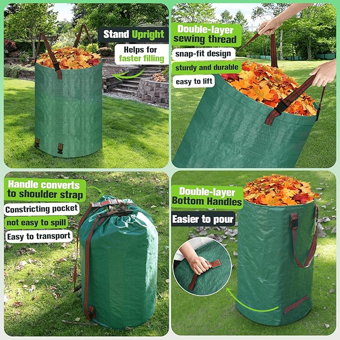 Leaf Collector Bag with Lid, Shoulder Strap, and Drawstring – Reusable Yard Garden Bag for Leaves and Lawn Trash, Perfect for Leaf Removal, Yard Clean-Up (With lid, 48 Gallon)