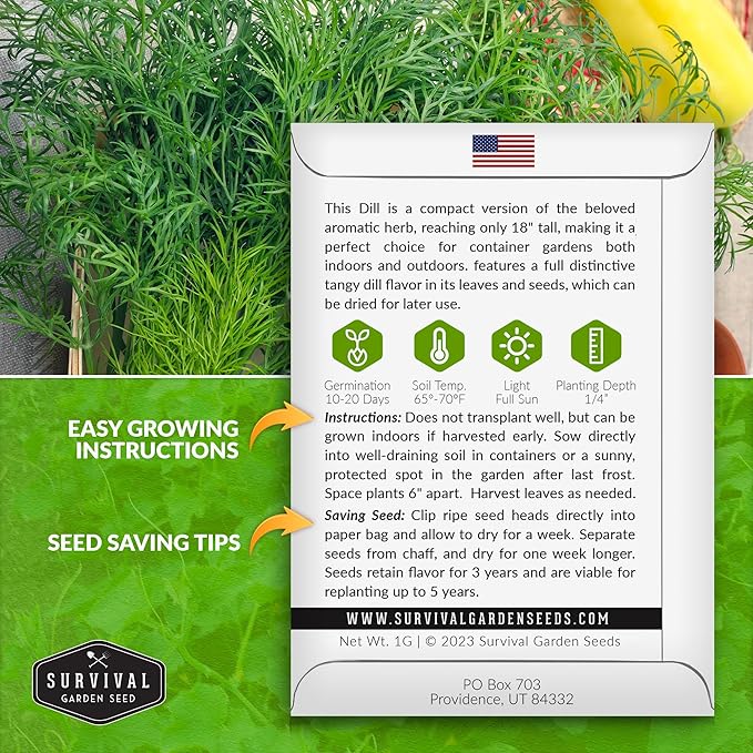 Survival Garden Seeds Compact Dill for Planting - 1 Seed Packet with Instructions to Plant & Grow Container Sized Dwarf Dill Herb Plants in Your Home Garden - Non-GMO Heirloom Variety