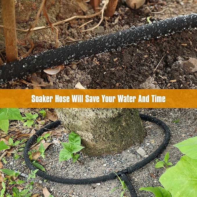 Soaker Hose 25ft for Garden Beds, Solid Brass Interface Irrigation Save 70% Water Heavy Duty Rubber 1/2" Diameter Great for Gardens/Flower Beds