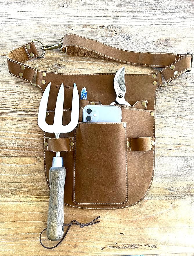 Rubys Collection™ Leather Garden Tool Belt- Gardening holster with pockets & Adjustable Waist Strap. Florist tool belt, Leather Utility Belt & Women’s Garden Tool Pouch