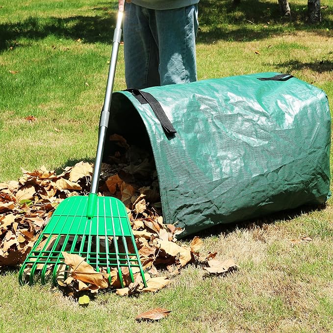 Gardzen 12 Tines Gardening Leaf Rake, Lightweight Steel Handle, Detachable, Ideal Camp Rake, Comes with Dustpan-Type Garden Bag